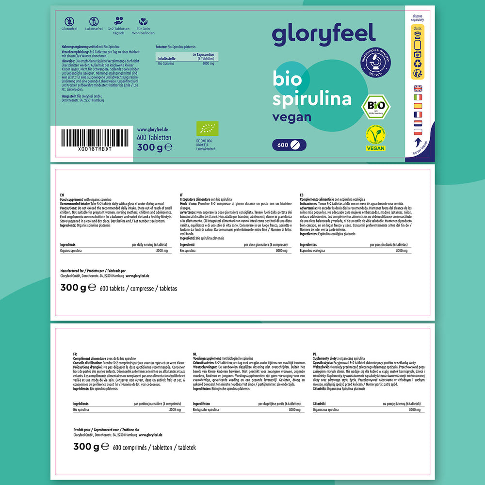 Le compresse di Bio Spirulina di GloryFeel GmbH Italia sono presentate su uno sfondo verde, che evidenzia informazioni nutrizionali dettagliate, certificazioni e specifiche del prodotto.