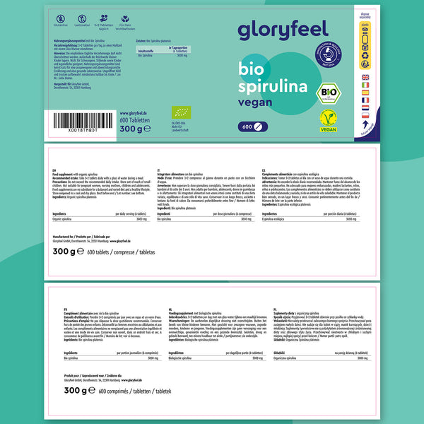 Le compresse di Bio Spirulina di GloryFeel GmbH Italia sono presentate su uno sfondo verde, che evidenzia informazioni nutrizionali dettagliate, certificazioni e specifiche del prodotto.