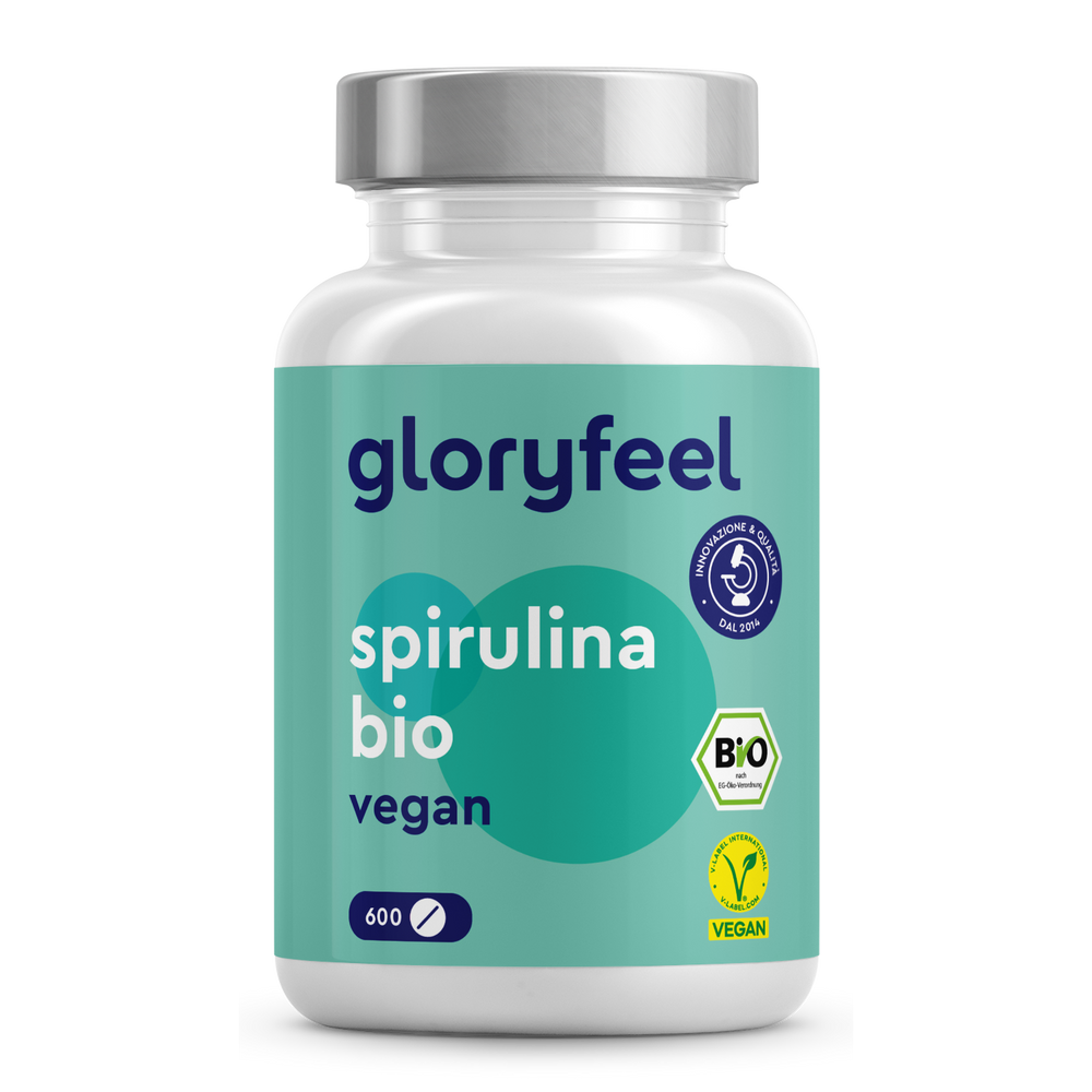 Una bottiglia di &quot;Bio Spirulina&quot; di GloryFeel GmbH Italia, caratterizzata da una combinazione di colori blu-verde acqua, contiene 600 compresse. L&