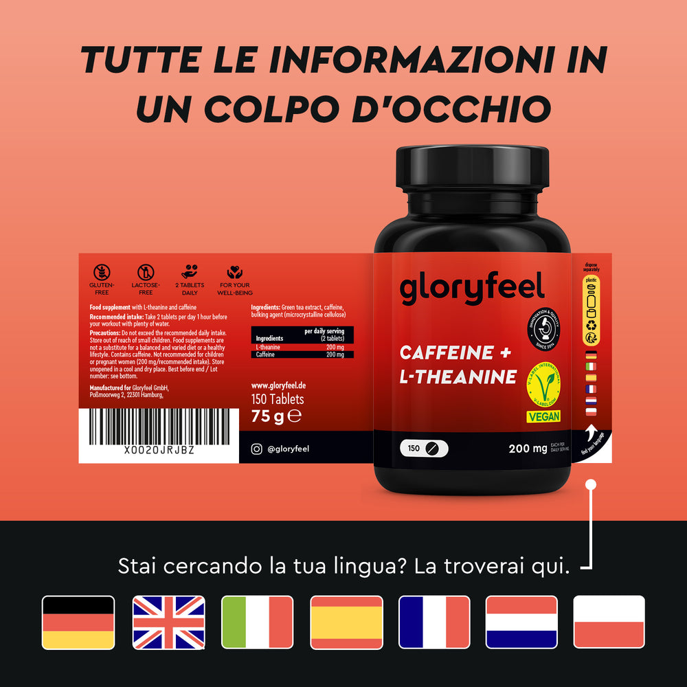 Caffeina + L-tianina in compresse etichetta multilingue