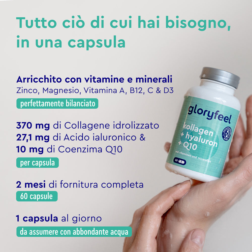 Collagene, acido ialuronico e coenzima Q10 gloryfeel assunzione
