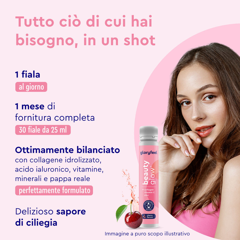 Donna che tiene in mano Beauty glow - Fiale di collagene di gloryfeel Italia, contenente collagene, vitamine e aroma di ciliegia, in un flacone rosa di integratore di bellezza con testo in italiano.