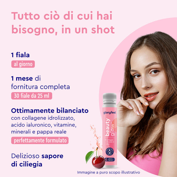 Donna che tiene in mano Beauty glow - Fiale di collagene di gloryfeel Italia, contenente collagene, vitamine e aroma di ciliegia, in un flacone rosa di integratore di bellezza con testo in italiano.
