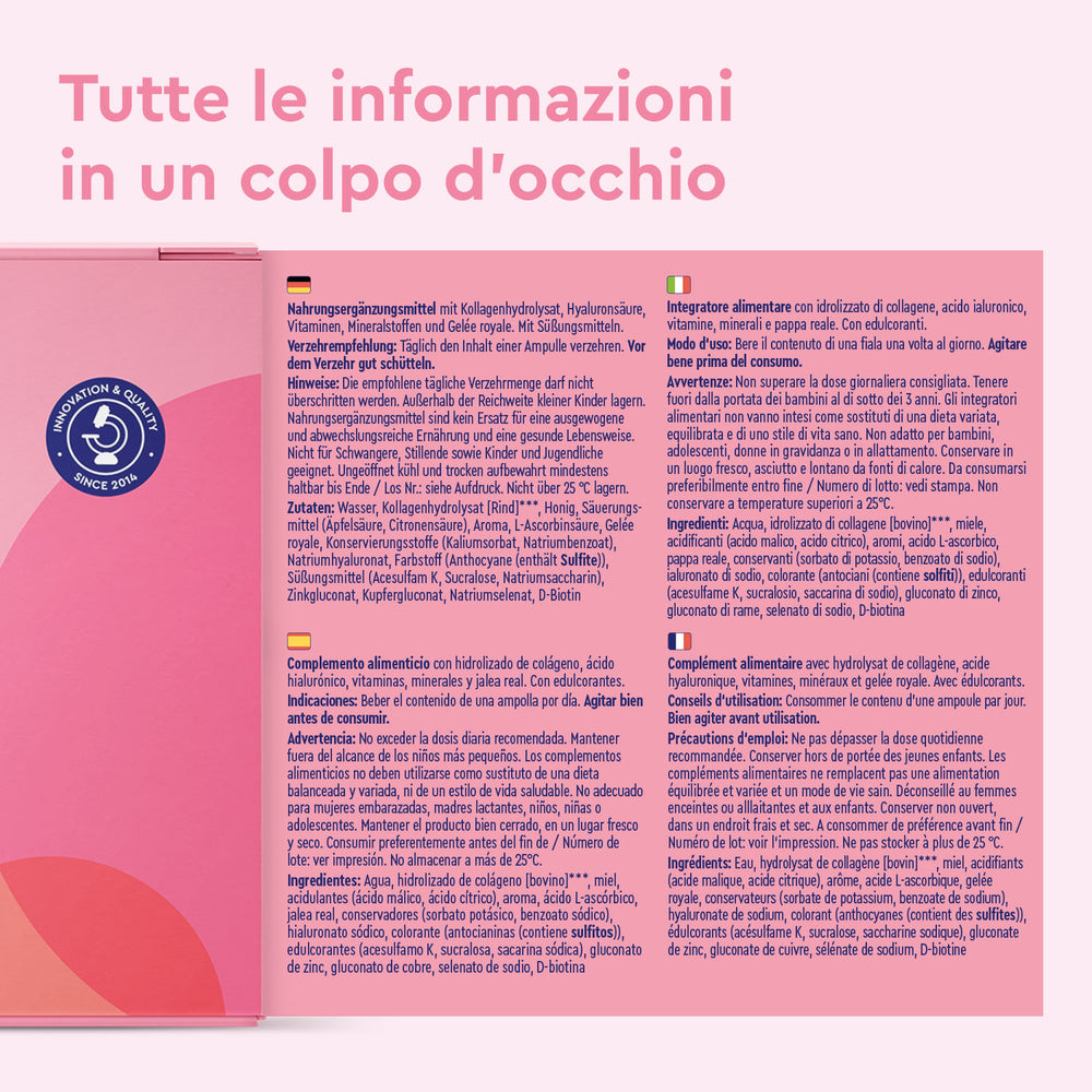 Scheda informativa multilingue del prodotto Beauty glow - Fiale di collagene di gloryfeel Italia, con ingredienti e istruzioni per l&