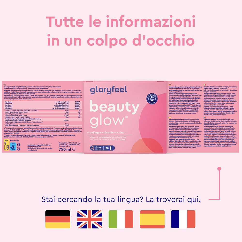 Confezione di &quot;Beauty glow - Fiale di collagene&quot; di gloryfeel Italia con testo in italiano. In basso sono presenti le bandiere di Germania, Regno Unito, Francia, Italia e Spagna per la selezione della lingua.
