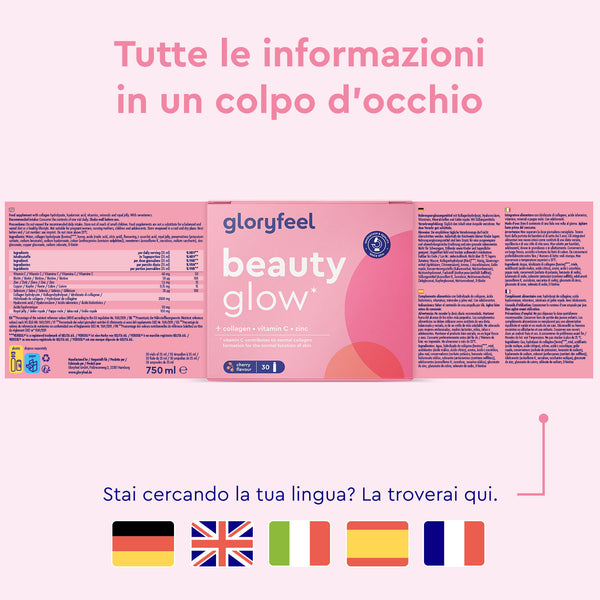 Confezione di &quot;Beauty glow - Fiale di collagene&quot; di gloryfeel Italia con testo in italiano. In basso sono presenti le bandiere di Germania, Regno Unito, Francia, Italia e Spagna per la selezione della lingua.
