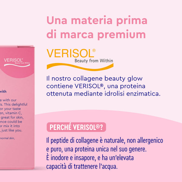 Uno spot pubblicitario italiano per Beauty glow - Fiale di collagene di gloryfeel Italia presenta i peptidi Verisol di prima qualità, evidenziandone i benefici, come l&