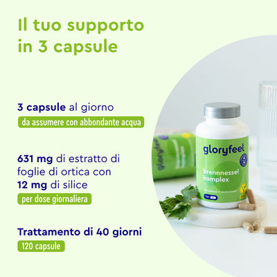 Flacone di "Capsule di Ortica" di gloryfeel Italia su un tavolo, con informazioni in italiano su dosaggio, ingredienti e un piano di trattamento di 40 giorni.