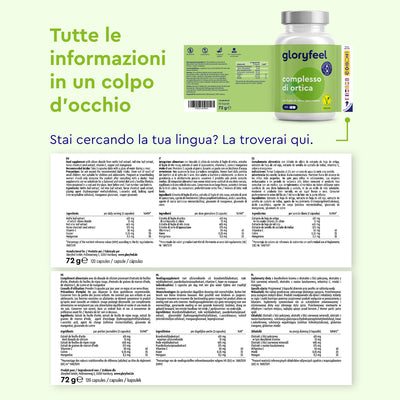 Immagine che mostra una bottiglia e la confezione di "Capsule di Ortica" di gloryfeel Italia, con informazioni dettagliate sul prodotto in più lingue visualizzate di seguito.