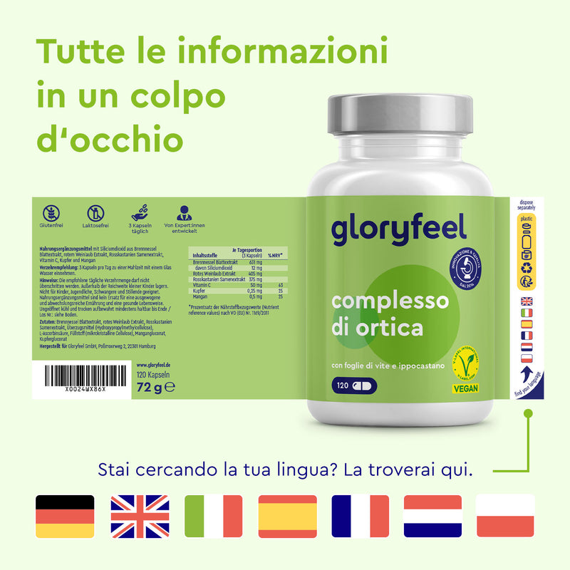 Una bottiglia di Capsule di Ortica di gloryfeel Italia, con etichetta italiana, è esposta su uno sfondo verde chiaro con bandierine per la selezione della lingua e icone informative.