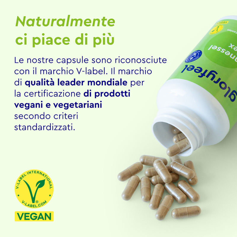 Una bottiglia aperta di Capsule di Ortica di gloryfeel Italia con le capsule che fuoriescono, mostrata accanto al testo in italiano sulla certificazione vegana e vegetariana V-Label. Sono visibili i loghi V-Label e VEGAN.