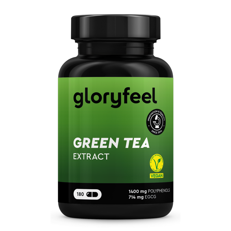 Una bottiglia di Capsule di estratto di tè verde di gloryfeel Italia contiene 180 capsule vegane con 1400 mg di polifenoli e 714 mg di EGCG, caratterizzate da un design verde e nero.