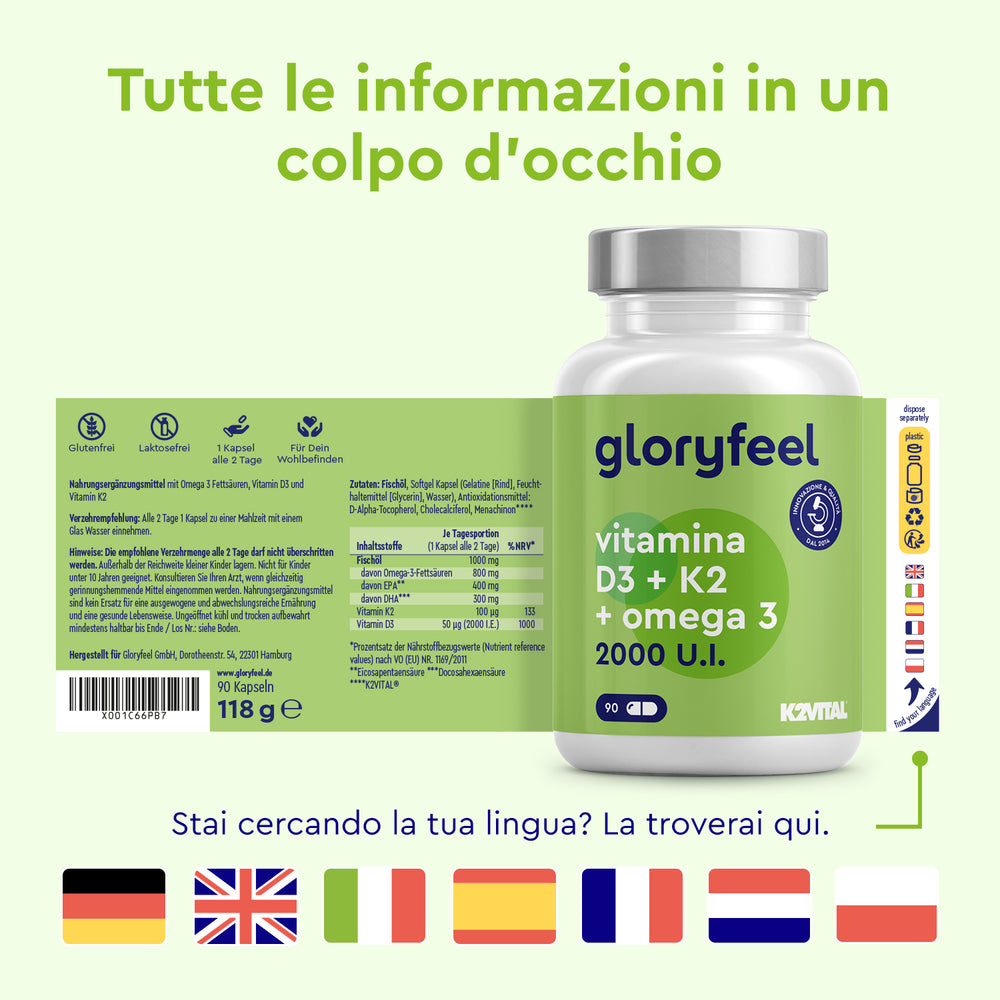 Vitamina D3K2 Omega 3 2000 UI lingue