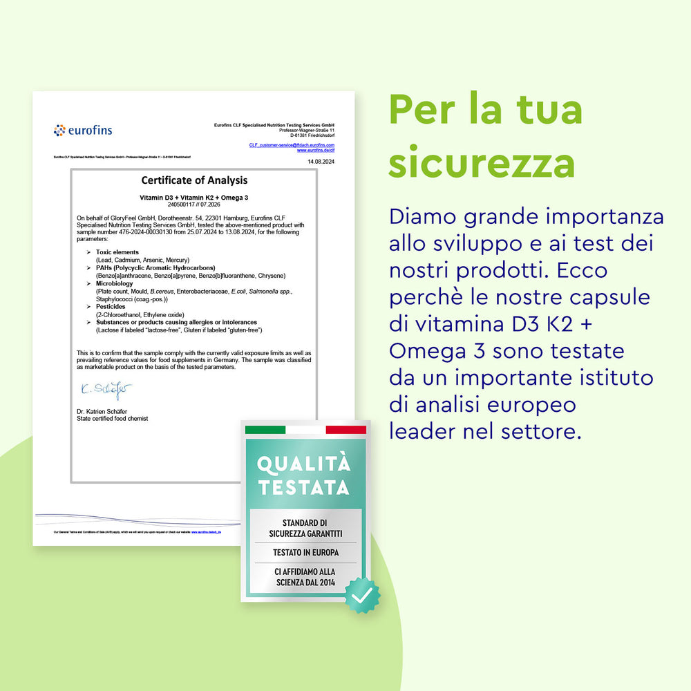 Il lato sinistro evidenzia il documento di analisi per Vitamina D3 K2 Omega 3, mentre il lato destro sottolinea l&