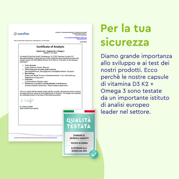 Il lato sinistro evidenzia il documento di analisi per Vitamina D3 K2 Omega 3, mentre il lato destro sottolinea l&