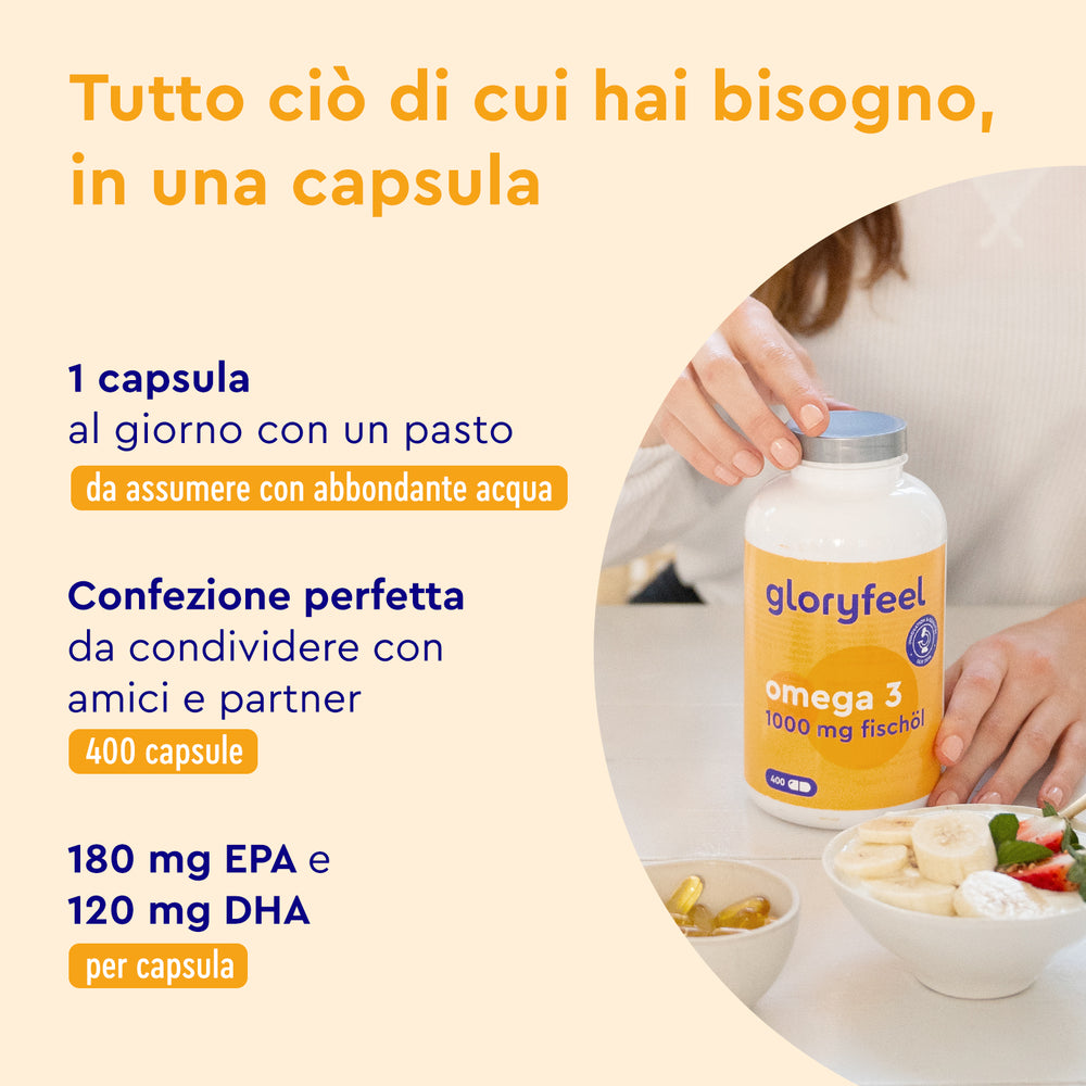 Una persona tiene in mano un flacone di gloryfeel Italia Omega 3 - Capsule 1000 mg vicino a una ciotola di frutta; il testo in italiano sull&