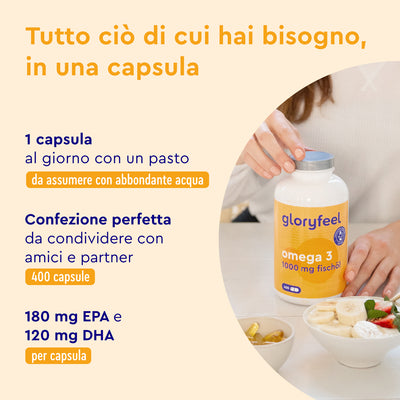 Una persona tiene in mano un flacone di gloryfeel Italia Omega 3 - Capsule 1000 mg vicino a una ciotola di frutta; il testo in italiano sull'immagine fornisce dettagli sul prodotto e istruzioni sul dosaggio, sottolineando i nutrienti omega-3 essenziali per una salute ottimale.