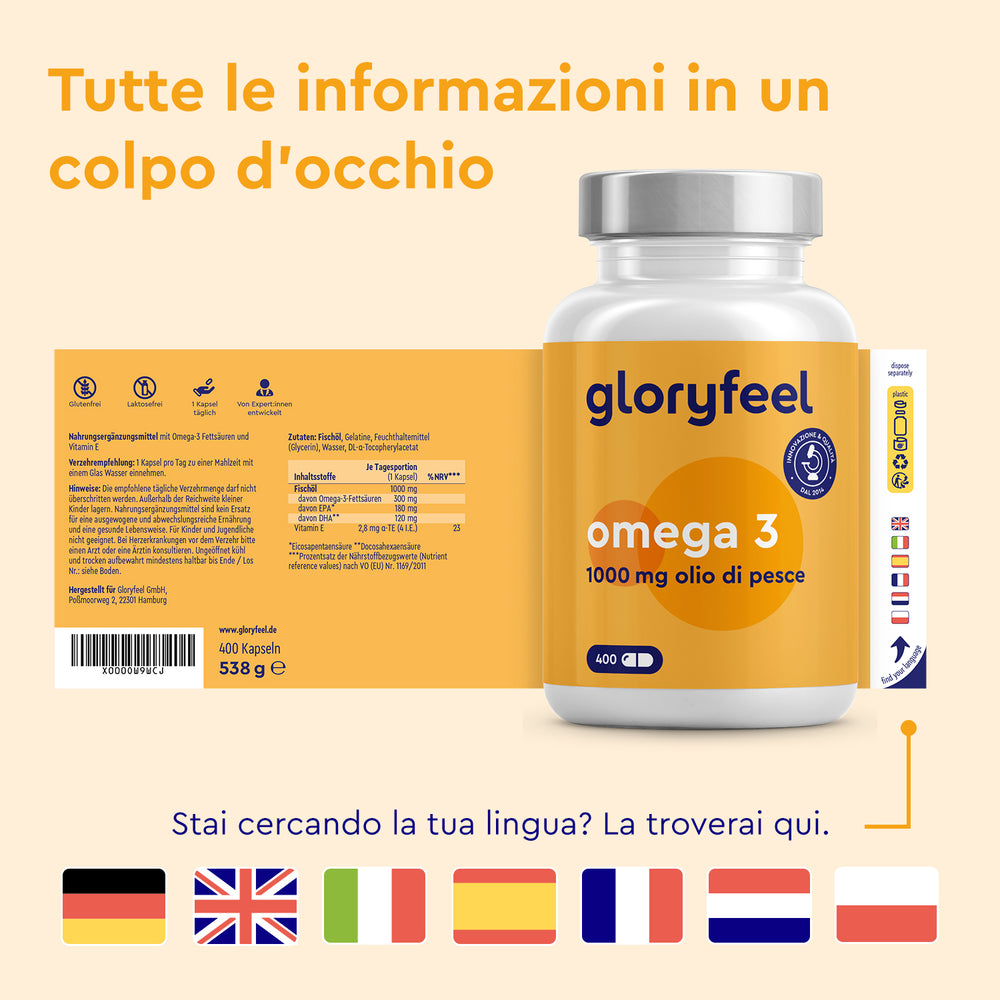 Un flacone di gloryfeel Italia Omega 3 - Capsula 1000 mg viene mostrato con l&