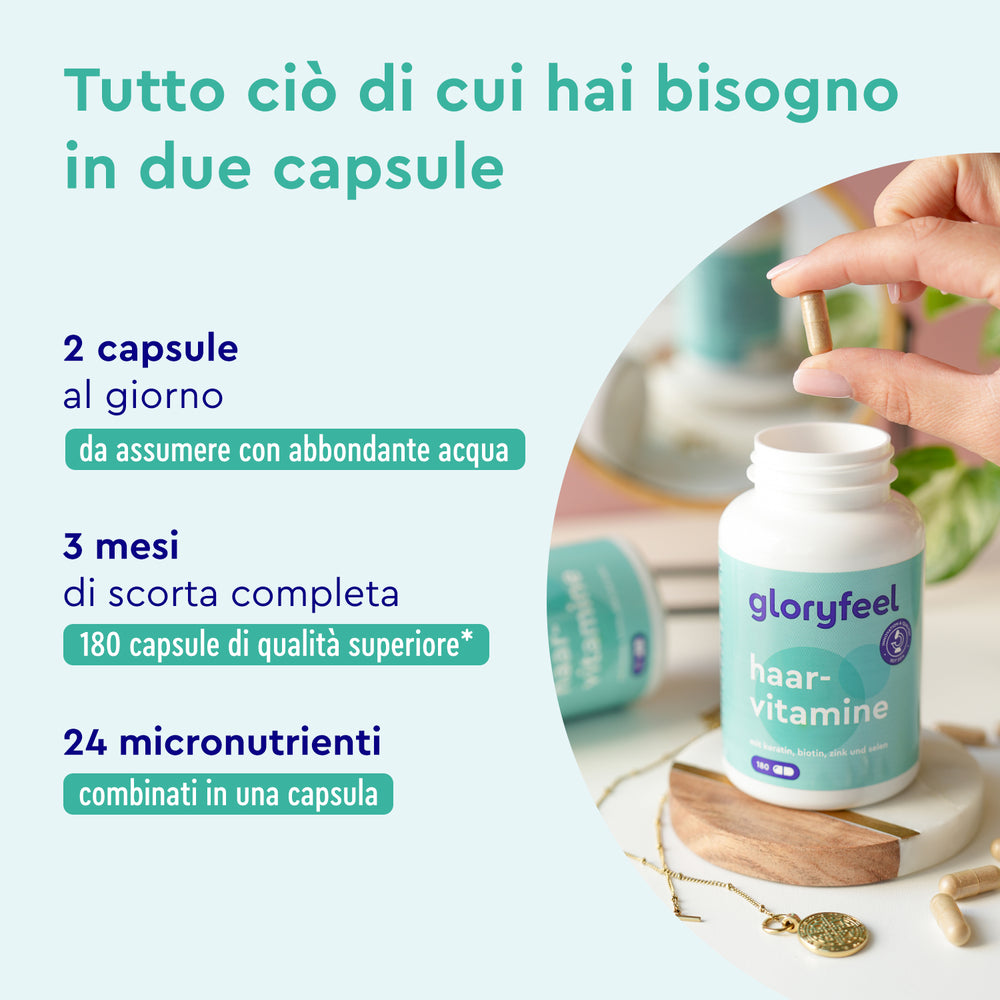 Una mano infilata in una bottiglia di GloryFeel GmbH Italy Vitamine per capelli, evidenzia la sua potente formula per la crescita dei capelli. Con 2 capsule al giorno, questa fornitura per 3 mesi vanta 24 micronutrienti per una salute migliore. Gli oggetti decorativi nelle vicinanze aggiungono eleganza.