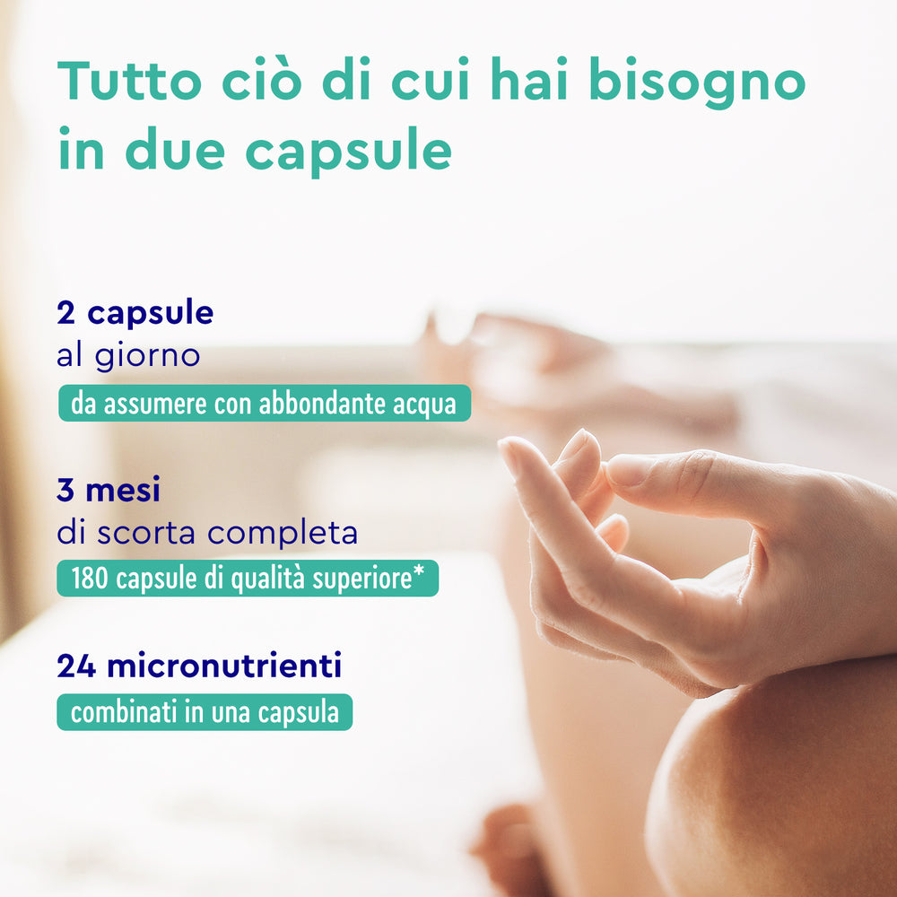 Una persona tiene due pillole in mano. Il testo evidenzia i benefici dell&