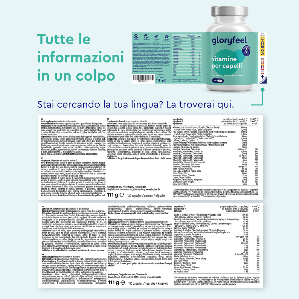 La confezione di Vitamine per capelli di GloryFeel GmbH Italia include informazioni multilingue, un elenco degli ingredienti e valori nutrizionali, favorendo la crescita dei capelli con vitamine essenziali arricchite con micronutrienti vitali per una salute ottimale dei capelli.