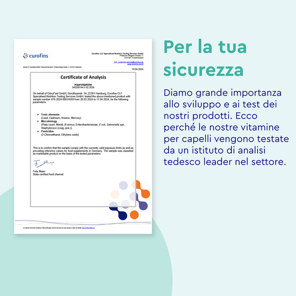 Il certificato di analisi si trova sulla sinistra, mentre il testo in italiano sulla destra, a cura di GloryFeel GmbH Italia, sottolinea l&