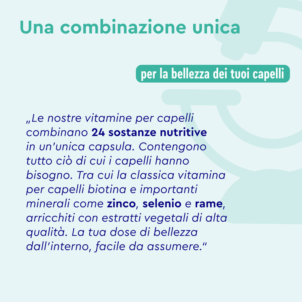 Scopri Vitamine per capelli di GloryFeel GmbH Italia, un integratore per capelli di alta qualità con 24 micronutrienti come biotina, zinco, selenio e rame. È realizzato per la bellezza e la facile assunzione, supportando la crescita dei capelli con estratti vegetali di alta qualità.