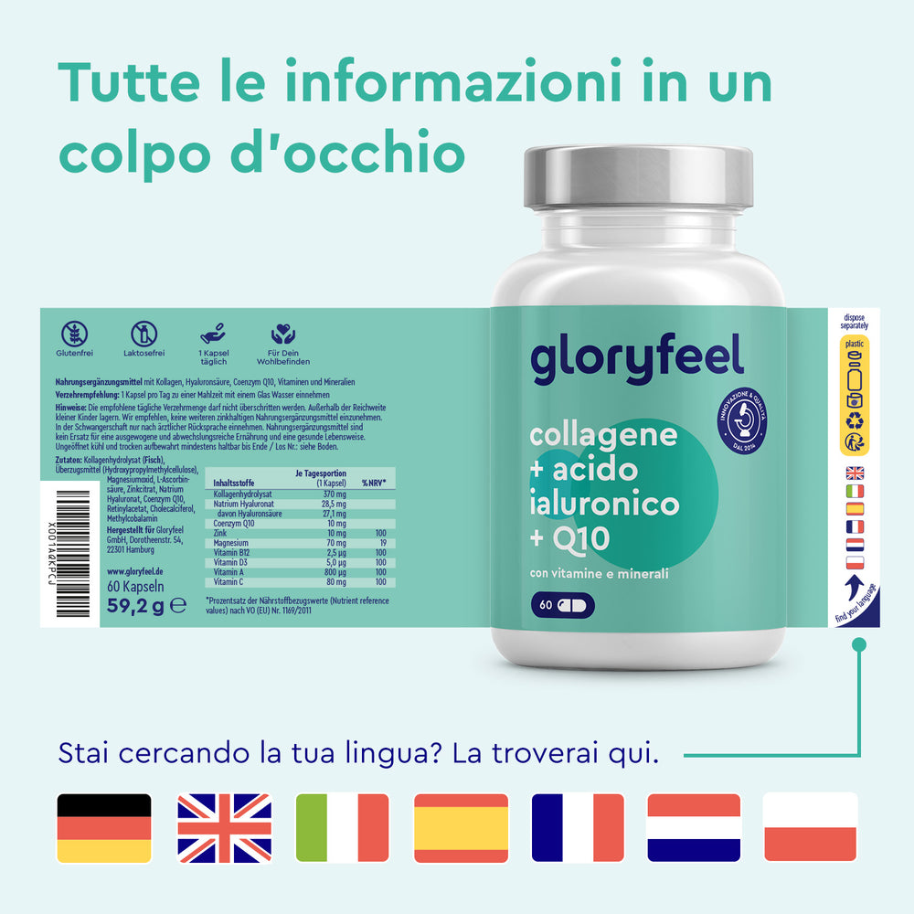 Una bottiglia di Collagene + acido ialuronico e Q10 di GloryFeel GmbH Italia, un integratore alimentare con collagene, acido ialuronico e Q10. L&
