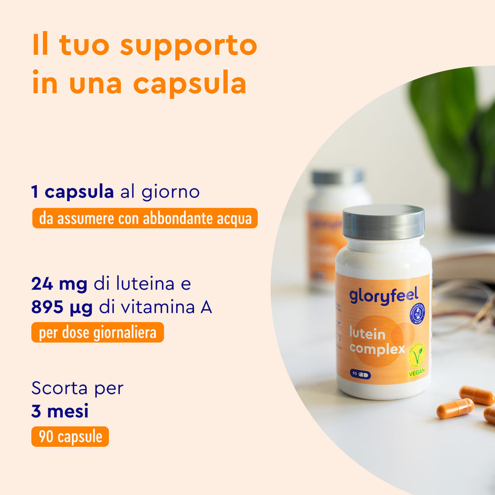 Flacone di Capsule di Luteina di GloryFeel GmbH Italia con etichetta che indica la dose giornaliera, il contenuto vitaminico e una scorta per tre mesi.