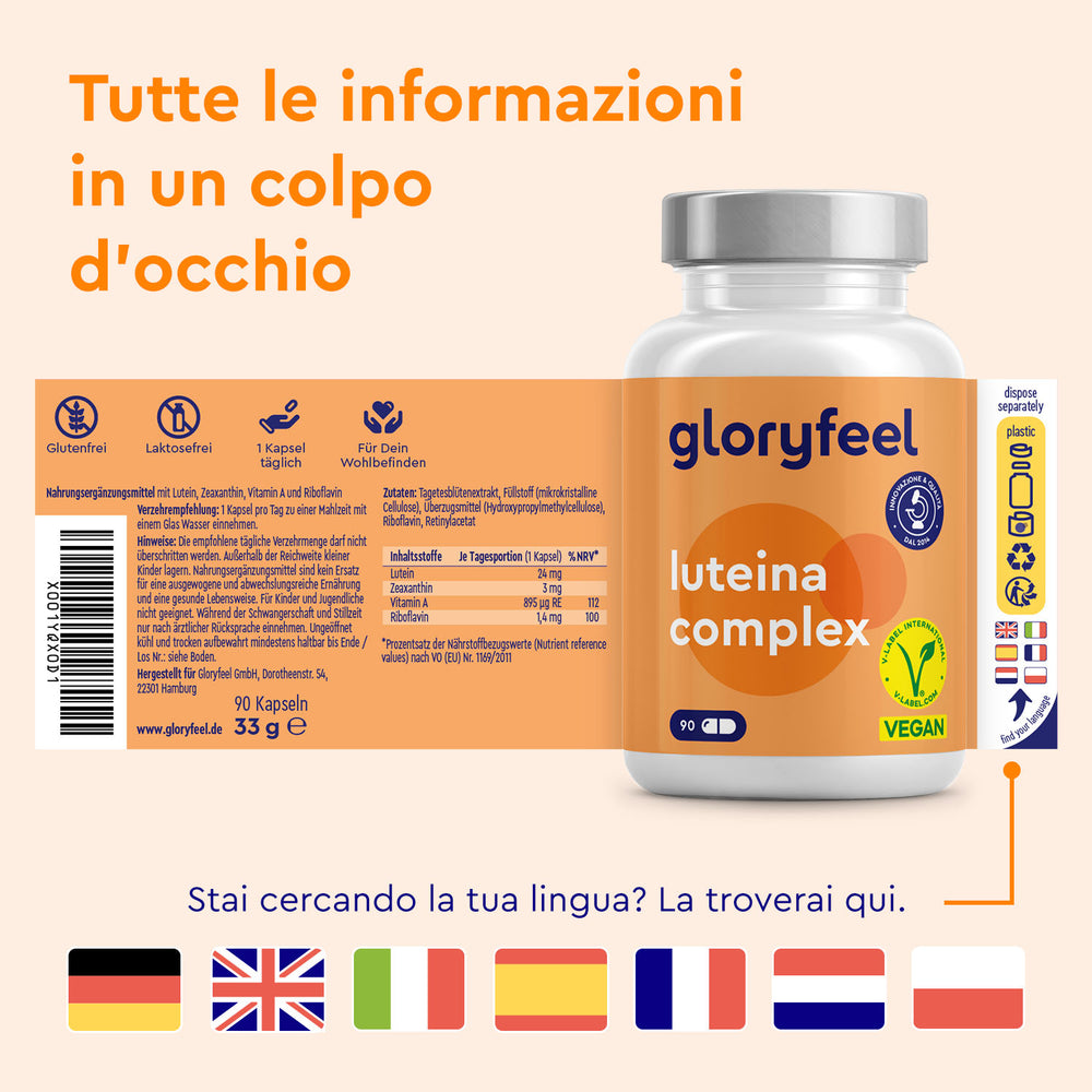Un flacone di Capsule di Luteina di GloryFeel GmbH Italia è raffigurato con etichetta in italiano, informazioni nutrizionali, icone di certificazione e diverse bandiere nazionali per le opzioni linguistiche. Integratore di luteina di alta qualità progettato per supportare la vista.