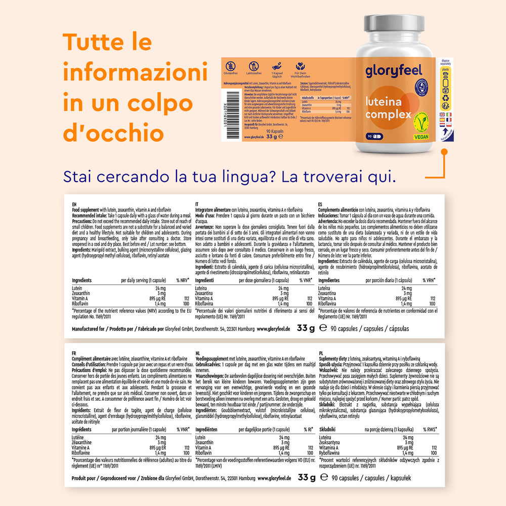 Immagine di un flacone di Capsule di Luteina di GloryFeel GmbH Italia, che mostra l&