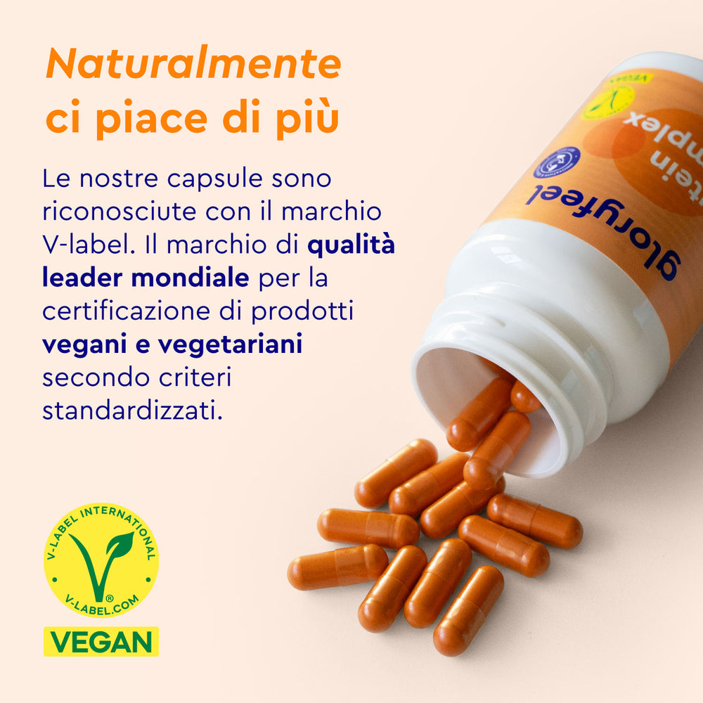 Una bottiglia aperta di GloryFeel GmbH Italy Capsule di Luteina con le capsule fuoriuscite; il testo evidenzia la certificazione vegana di V-Label, a conferma del rispetto di rigorosi standard a base vegetale.