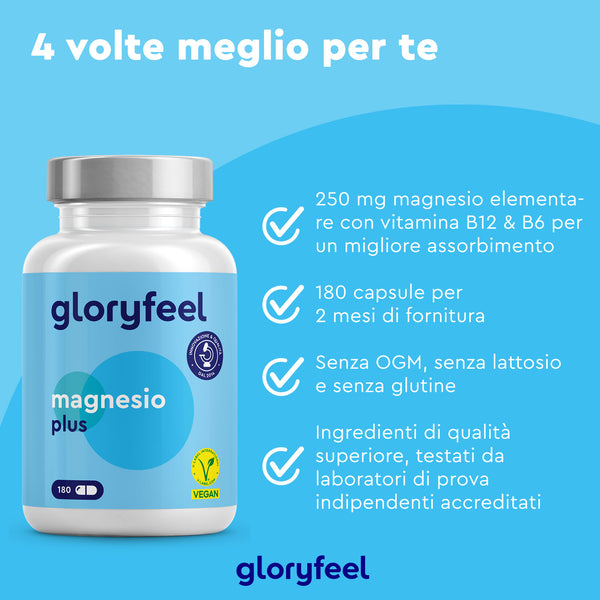 Magnesio Plus di GloryFeel GmbH Italia offre 180 capsule vegane certificate e non OGM, con 250 mg di magnesio biodisponibile e vitamine essenziali. Questa fornitura per due mesi è anche senza lattosio e glutine.