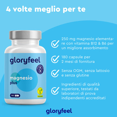 Magnesio Plus di GloryFeel GmbH Italia offre 180 capsule vegane certificate e non OGM, con 250 mg di magnesio biodisponibile e vitamine essenziali. Questa fornitura per due mesi è anche senza lattosio e glutine.