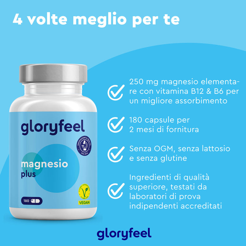 Magnesio Plus di GloryFeel GmbH Italia offre 180 capsule vegane certificate e non OGM, con 250 mg di magnesio biodisponibile e vitamine essenziali. Questa fornitura per due mesi è anche senza lattosio e glutine.