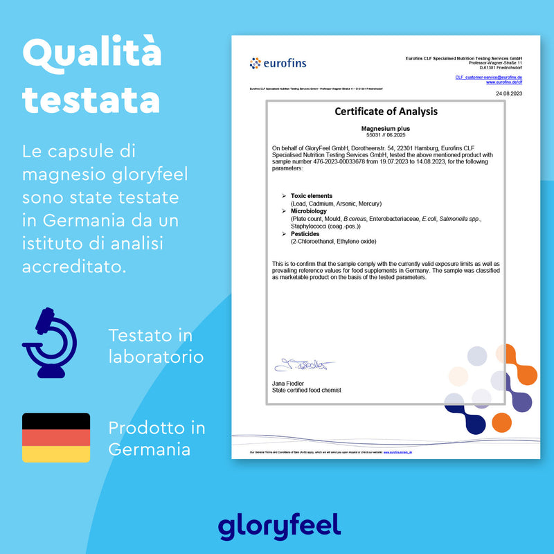 Certificato di analisi per Magnesio Plus 180 capsule, datato 24/08/2023, rilasciato da Eurofins. Il testo in italiano riguarda la biodisponibilità e i test di prodotto per questo integratore alimentare prodotto in Germania da GloryFeel GmbH Italia, con loghi e grafiche sui lati.