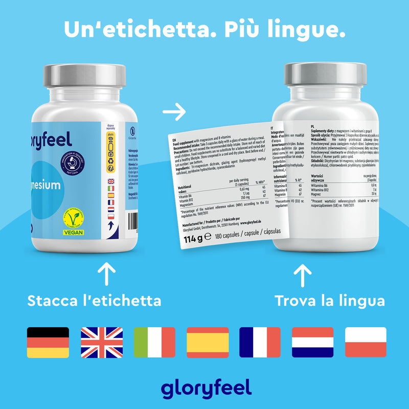 Due flaconi di capsule di Magnesio Plus 180 di GloryFeel GmbH Italia presentano un&