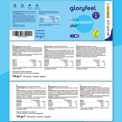 La confezione blu e bianca di "Magnesio Plus 180 capsule" di GloryFeel GmbH Italia è un integratore alimentare ad alta biodisponibilità, con informazioni nutrizionali e istruzioni in diverse lingue. Ogni flacone contiene 180 capsule vegane, per un peso totale di 114 g.