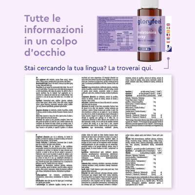 Lo spray Melatonina di GloryFeel GmbH Italia ha una confezione viola brillante con testo multilingue e un'immagine del prodotto. Contiene "spray melatonina" ed "estratti vegetali" per favorire un sonno ristoratore.