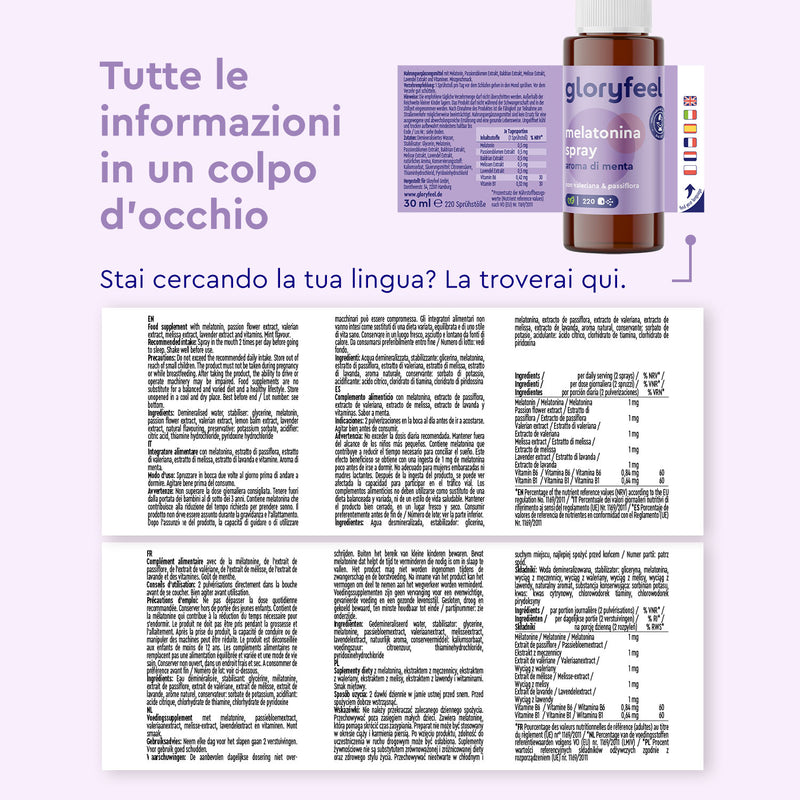Lo spray Melatonina di GloryFeel GmbH Italia ha una confezione viola brillante con testo multilingue e un&