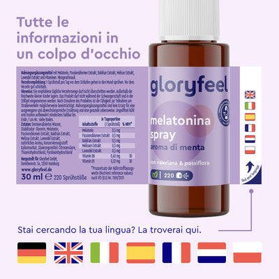 Flacone di spray Melatonina al gusto di menta di GloryFeel GmbH Italia, contenente melatonina ed estratti vegetali. L'etichetta include dettagli multilingue e bandiere che simboleggiano diverse lingue.