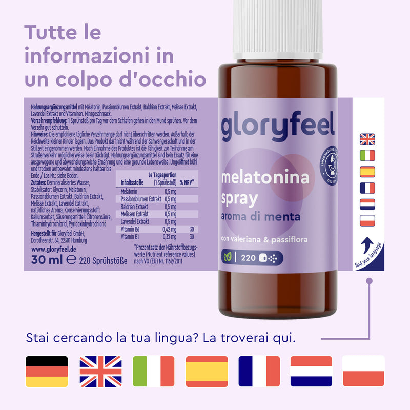 Flacone di spray Melatonina al gusto di menta di GloryFeel GmbH Italia, contenente melatonina ed estratti vegetali. L&