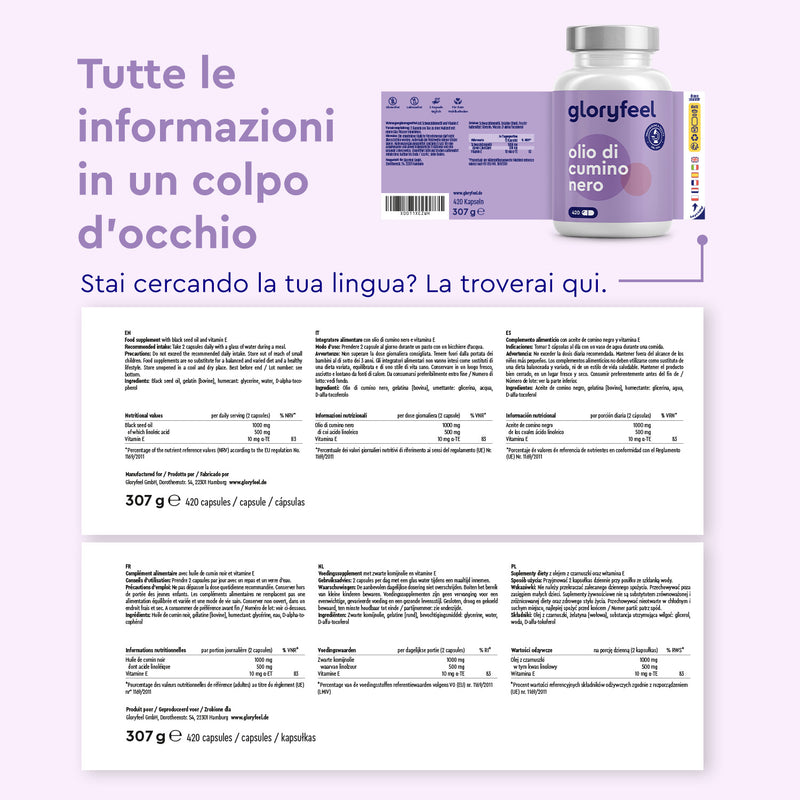 olio di cumino nero in capsule etichetta multilingue