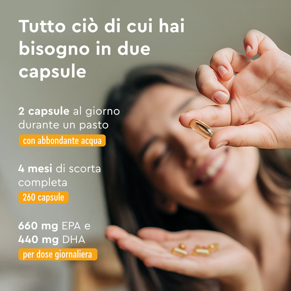Omega 3 assunzione 2 capsule al giorno con acqua, 260 capsule