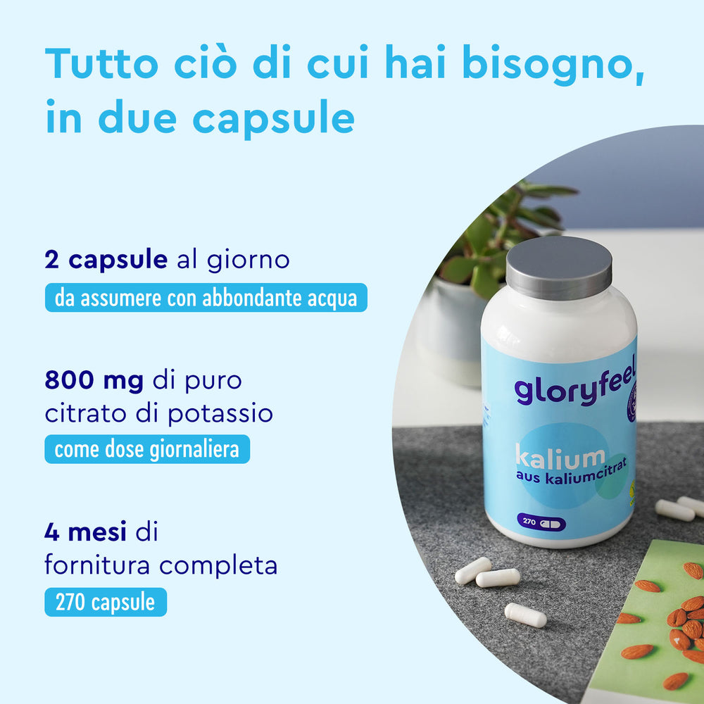 Una bottiglia di Potassio in capsule di gloryfeel Italia, un integratore essenziale. Dosaggio in italiano: 2 capsule al giorno, per un totale di 800 mg per dose. La bottiglia contiene 270 capsule, che forniscono una scorta di 4 mesi.