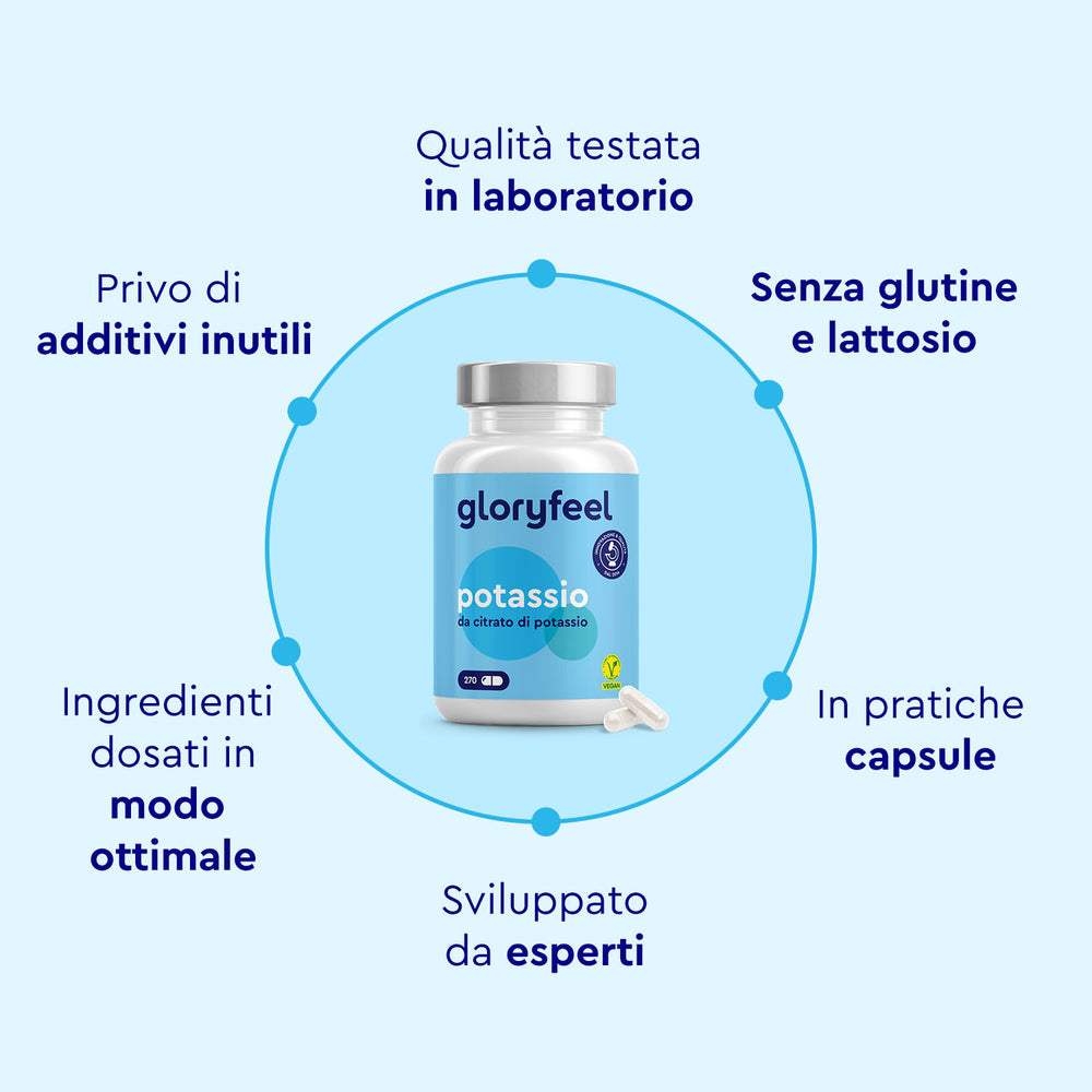 Un Potassio in capsula di gloryfeel Italia evidenzia la sua formula testata in laboratorio, senza glutine e senza lattosio, senza additivi inutili. Sviluppato da esperti per un dosaggio ottimale in forma di capsula per supportare il tuo sistema nervoso, presenta testo in italiano.