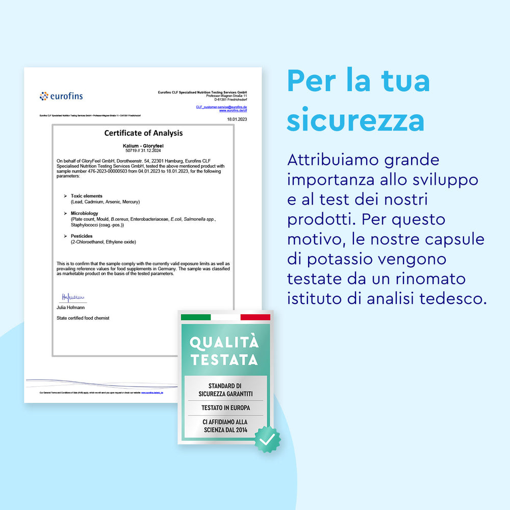 Un certificato di analisi accompagna un testo italiano dettagliato su sicurezza e test. Accanto a questo, un&