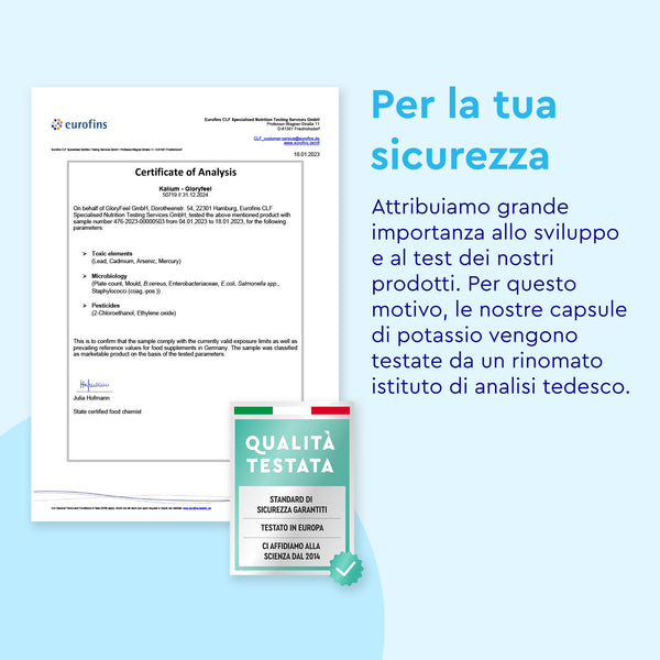 Un certificato di analisi accompagna un testo italiano dettagliato su sicurezza e test. Accanto a questo, un&