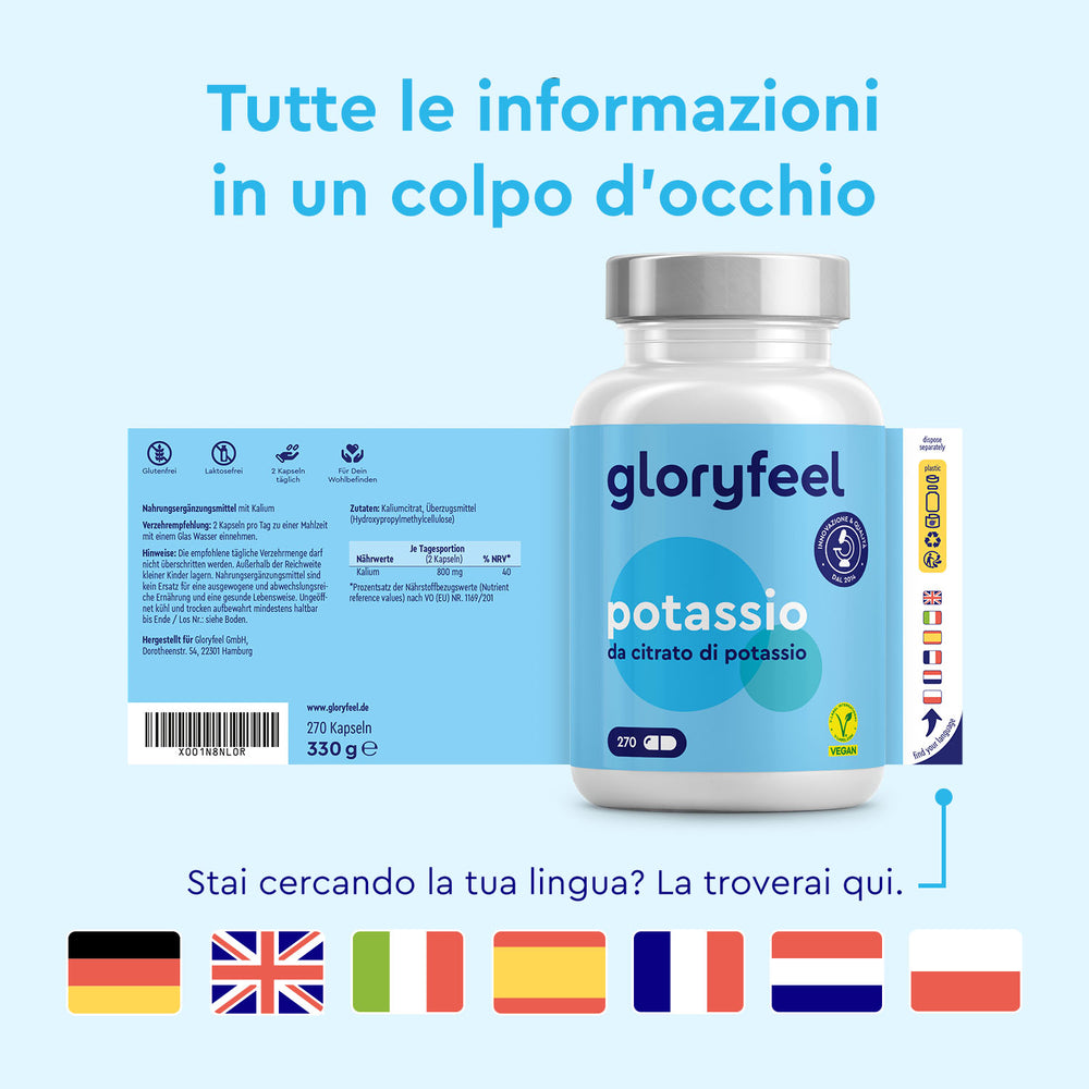 Una bottiglia di Potassio in capsule di gloryfeel Italia presenta un testo bilingue in italiano e inglese su sfondo blu, evidenzia &quot;benefici muscoli&quot; e presenta bandiere europee sul fondo.