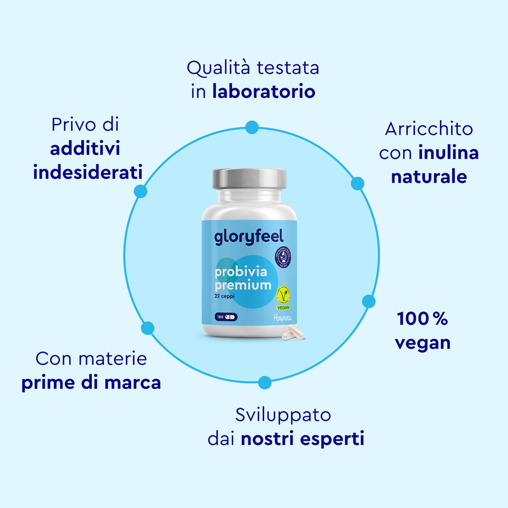 Un flacone di gloryfeel Italia Probiotici Premium Howaru è circondato da un testo in italiano che ne sottolinea la qualità testata in laboratorio, l&